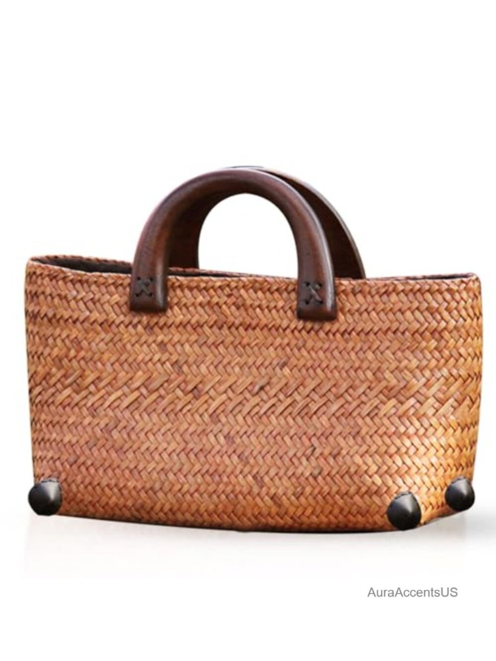 Handmade Woven Straw Tote Bag with Wooden Handle for Beach Vacations